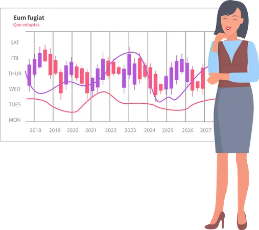 Une femme analyse un rapport numérique avec un graphique de développement  Illustration