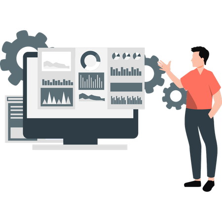 Graphique infographique et diagrammes d'analyse du jeune homme  Illustration