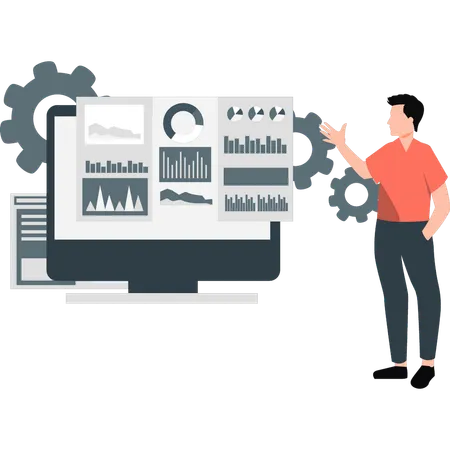 Graphique infographique et diagrammes d'analyse du jeune homme  Illustration