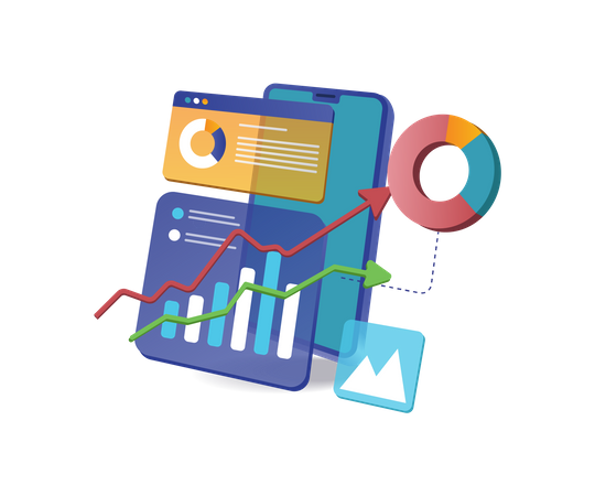 Analyse professionnelle sur smartphone des données commerciales d'investissement en ligne  Illustration