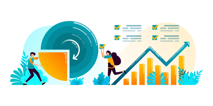 Analysieren Sie die Geschäftsdatenstatistik anhand der Finanzdiagramme des Unternehmens und planen Sie Strategien durch Brainstorming in Teamarbeit  Illustration