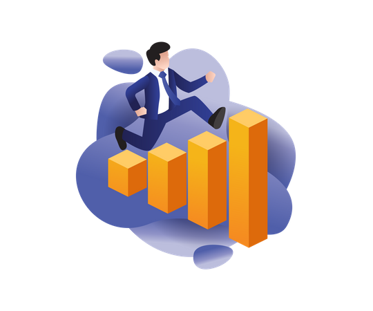 Analyste d'affaires, diagramme à barres, homme sautant  Illustration