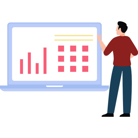 Analyste d'affaires regardant un graphique d'affaires sur un ordinateur portable  Illustration