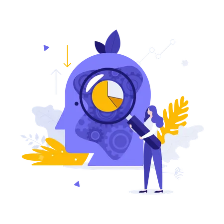 Analyste tenant une loupe et analysant un diagramme circulaire  Illustration