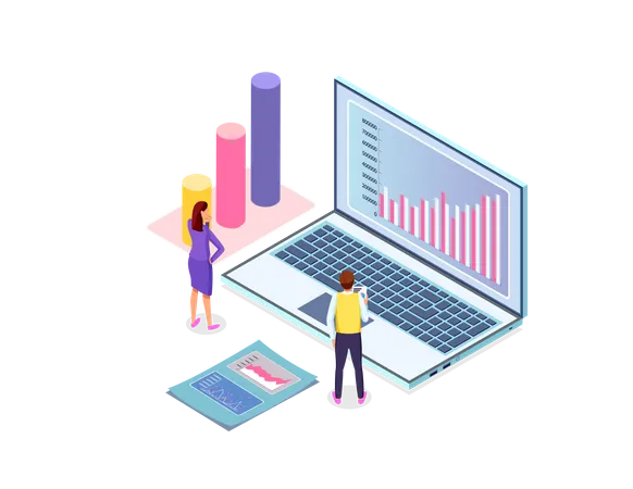 Landing Page Teamwork Analysis Site Large Cartoon Laptop With Charts Data Analytic Summary Businessman And Businesswoman Monitor Team Work Data Large Cylindrical Shapes Different Heights On Stand イラスト