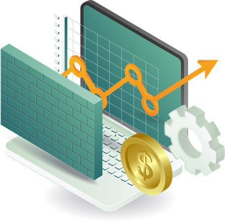 Analytics and firewall security with laptop  Illustration