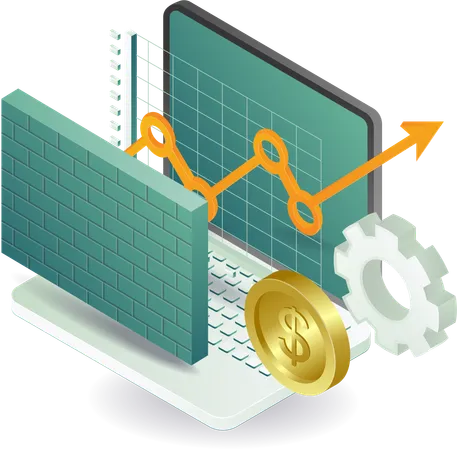 Analytics and firewall security with laptop  Illustration