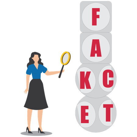 Analyze fake or fact, fact or fake, Misinformation spread by tricks of brains, businesswoman analyzes cube words fact and fake using a magnifying glass  Illustration