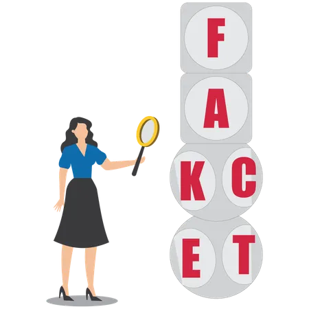 Analyze fake or fact, fact or fake, Misinformation spread by tricks of brains, businesswoman analyzes cube words fact and fake using a magnifying glass  Illustration