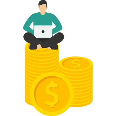 Businessman Sitting On A Pile Of Coins To Analyze Investment Set Goals To Make Money And Profit Financial Investment Analysis Success In Earning Flat Vector Illustration Design Illustration