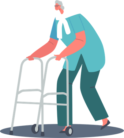 Anciana caminando con la ayuda de un andador con ruedas delanteras  Ilustración