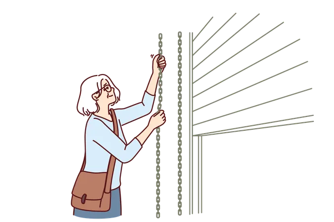 Anciana cierra las cortinas de la tienda  Ilustración