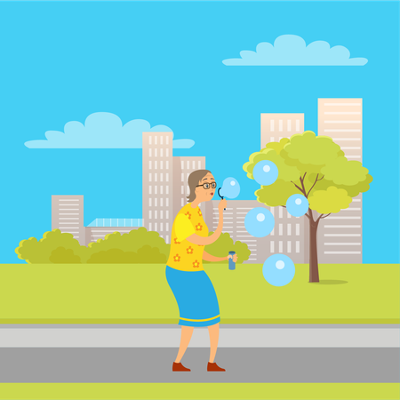 Mujer anciana con pompas de jabón en el parque  Ilustración