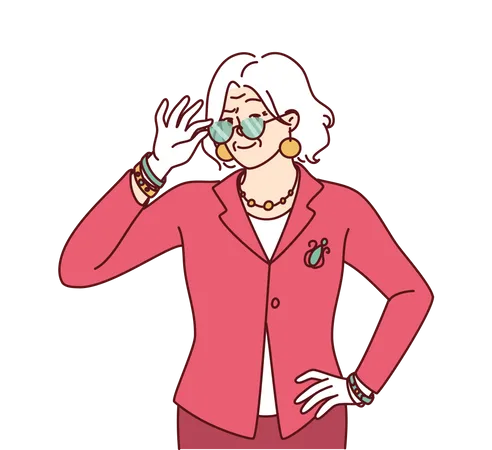 Una anciana con traje elegante para ir a cenar ajusta las gafas delante de los ojos  Ilustración