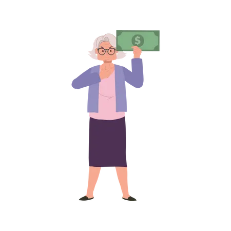Anciana con gran nota de dinero que muestra prosperidad y confianza financiera  Ilustración