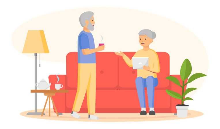 Anciana con tableta sentada en el sofá y anciano sosteniendo café  Ilustración