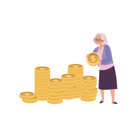 Anciana creando una pila de monedas para ahorro y jubilación  Ilustración
