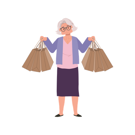 Anciana disfrutando de compras con bolsas de compras  Ilustración