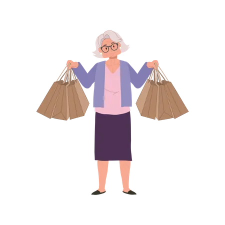 Anciana disfrutando de compras con bolsas de compras  Ilustración