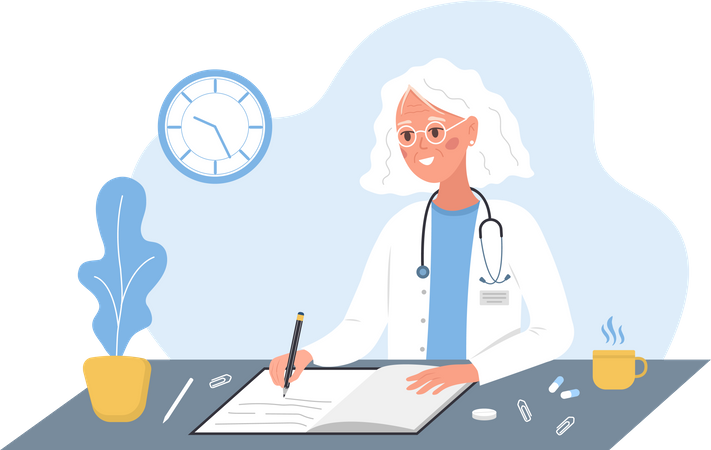Anciana doctora escribiendo receta médica  Ilustración