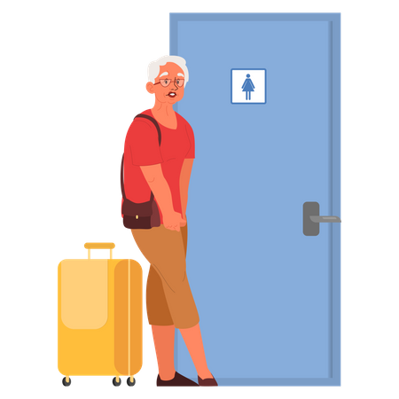 Anciana en el aeropuerto esperando que se abra el baño  Ilustración