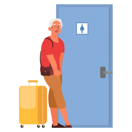 Anciana en el aeropuerto esperando que se abra el baño  Ilustración
