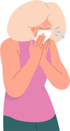 Envejecida mujer enferma estornudando en un pañuelo  Ilustración