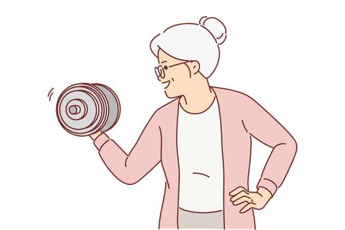 La anciana está haciendo ejercicio con pesas  Ilustración