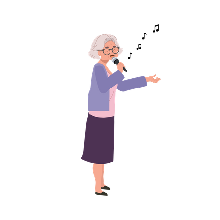 Feliz anciana cantando, jubilada activa disfruta de un expresivo karaoke  Ilustración