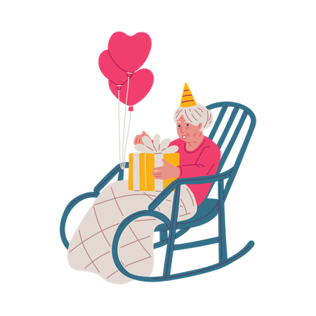 Anciana feliz con sombrero festivo con caja de regalo y globo  Ilustración
