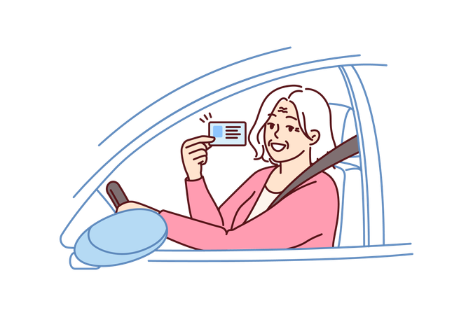 Una anciana feliz demuestra su licencia de conducir para un viaje por carretera sentada al volante de un coche  Ilustración