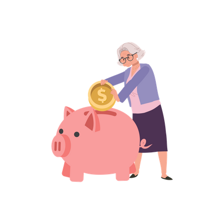 Feliz anciana recogiendo dinero en alcancía  Ilustración