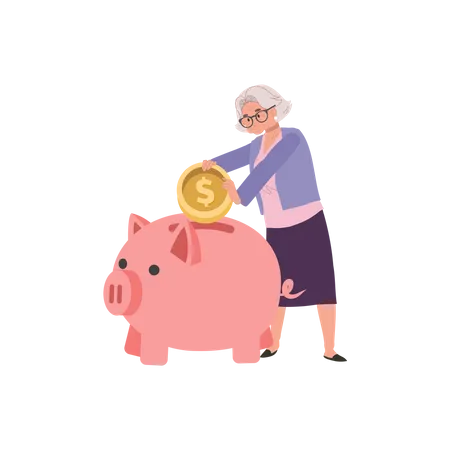 Feliz anciana recogiendo dinero en alcancía  Ilustración