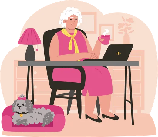 Una anciana feliz trabaja en la computadora portátil  Ilustración