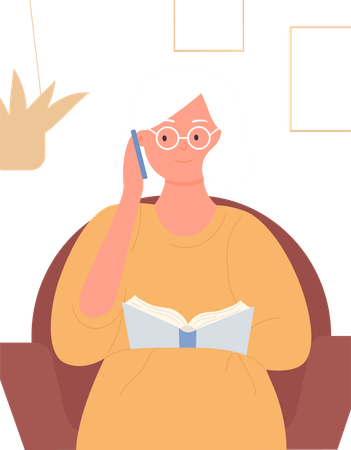 Mujer anciana hablando por teléfono  Ilustración