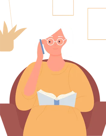 Mujer anciana hablando por teléfono  Ilustración