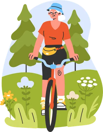 Anciana haciendo ciclismo al aire libre  Ilustración