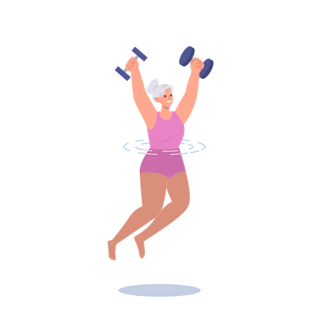 Anciana haciendo ejercicio acuático con pesas en la piscina  Ilustración