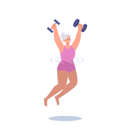 Anciana haciendo ejercicio acuático con pesas en la piscina  Ilustración