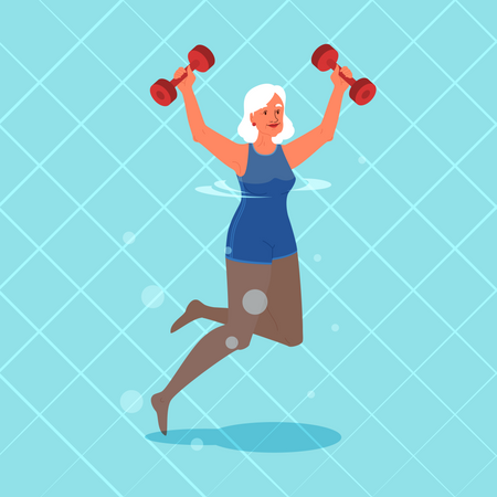 Anciana haciendo ejercicio con mancuernas en la piscina  Ilustración