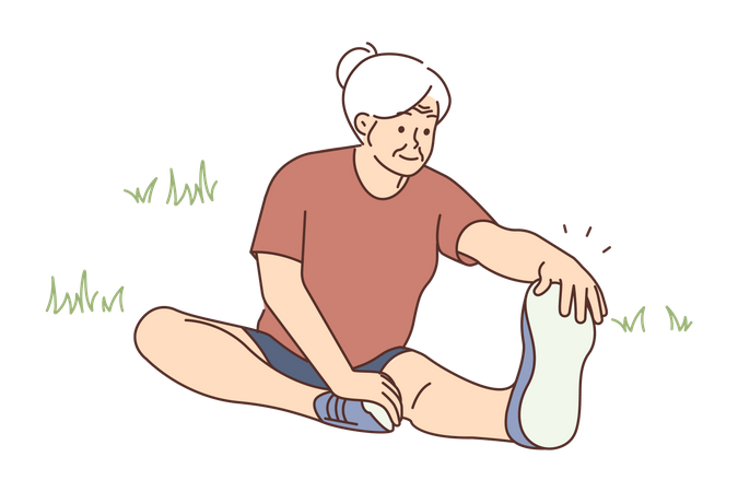 Anciana haciendo estiramientos de piernas  Ilustración