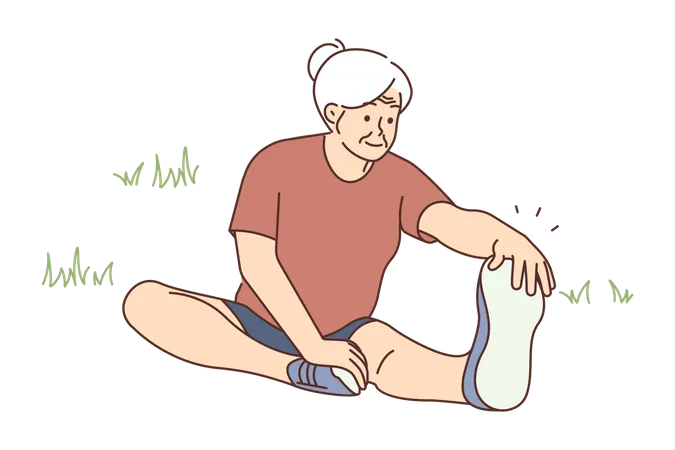 Anciana haciendo estiramientos de piernas  Ilustración