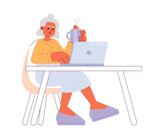 Anciana jubilada escribiendo portátil  Ilustración