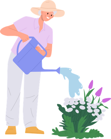 Una anciana regando flores con un pulverizador de lata haciendo trabajos de jardinería  Ilustración