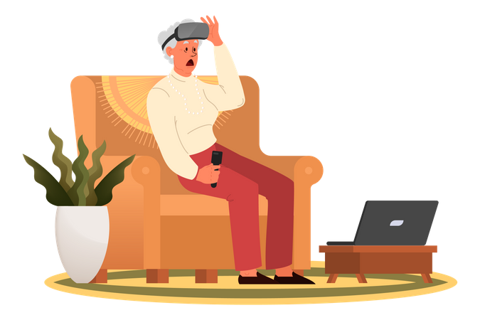 Anciana jugando con equipos de juego VR  Ilustración