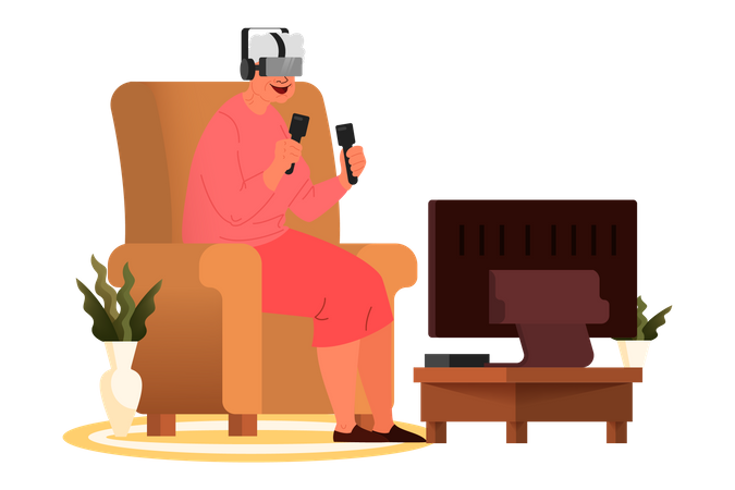 Anciana jugando al juego VR  Ilustración
