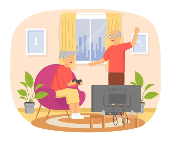 Mujer mayor jugando videojuegos mientras el anciano mira  Ilustración