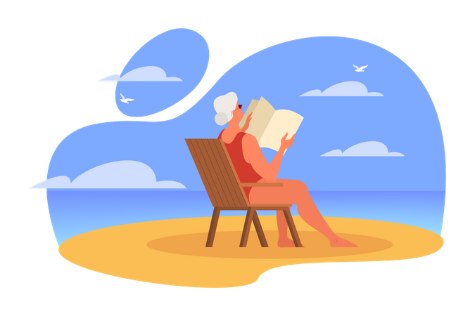 Una anciana leyendo un libro mientras estaba sentada en la playa  Ilustración