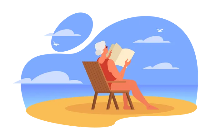 Una anciana leyendo un libro mientras estaba sentada en la playa  Ilustración