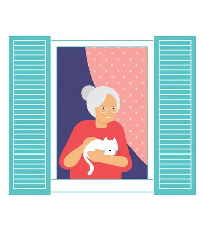 Anciana parada en la ventana con su gato  Ilustración